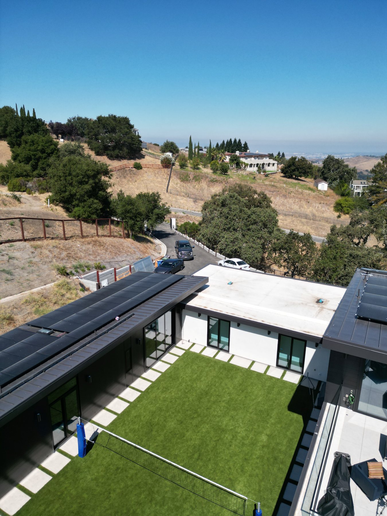Aerial view from the motor court, looking out over the foothills and valley beyond.