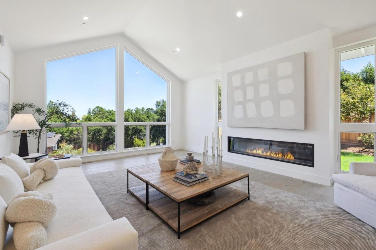 Living room addition with a vaulted ceiling, a linear gas fireplace, and a full wall of view windows.
